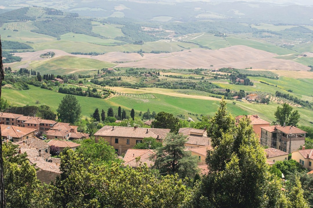 A charming village nestled in rolling green hills and fields.